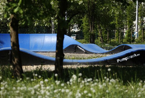 Pumptrack modulares Blau unter Frühlingsvegetation