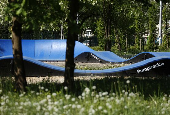 Pumptrack modulares Blau unter Frühlingsvegetation