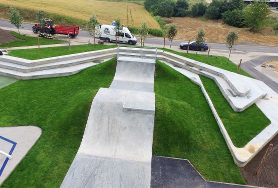 Skatepark betonowy z zielenią