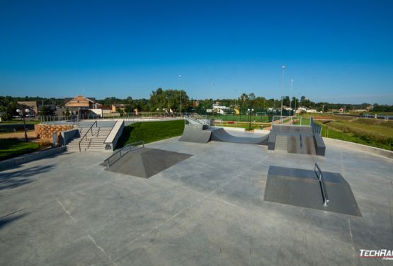 Concrete and metal obstacles in skatepark in Poland